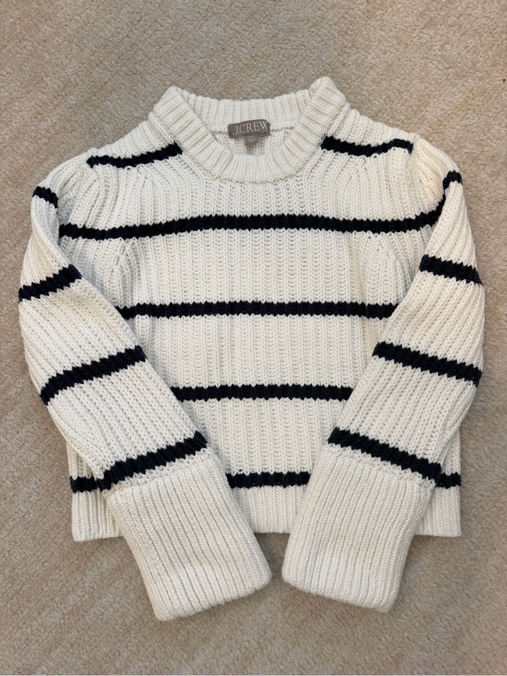 J. Crew Women's Cropped White and Navy Striped Ribbed Sweater, XXS